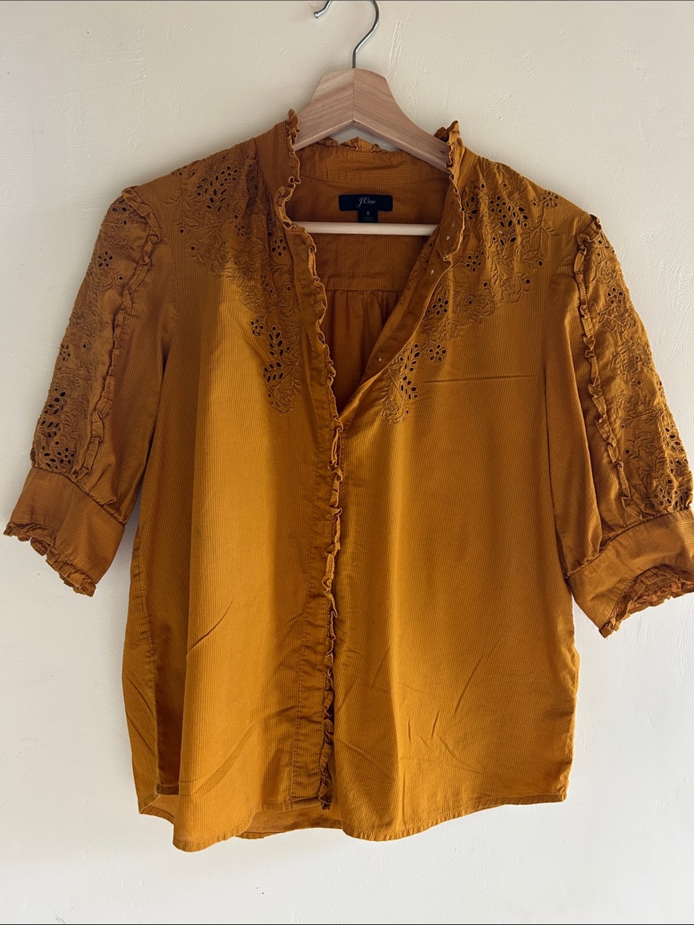 J. Crew Mustard Eyelet Ruffle Blouse